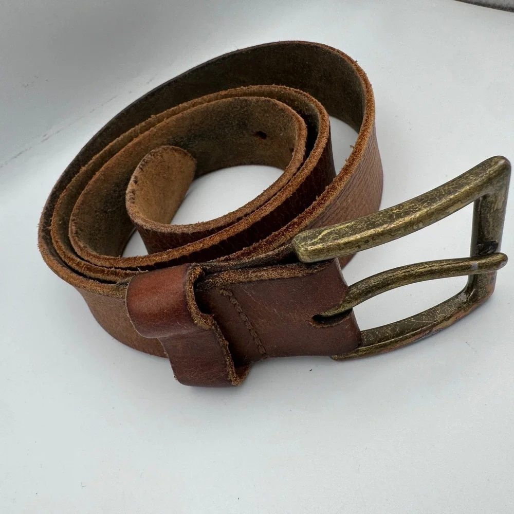 Bison Designs Brown Leather Belt Mens 38 Handcrafted USA Brass Buckle 1.5in Wide